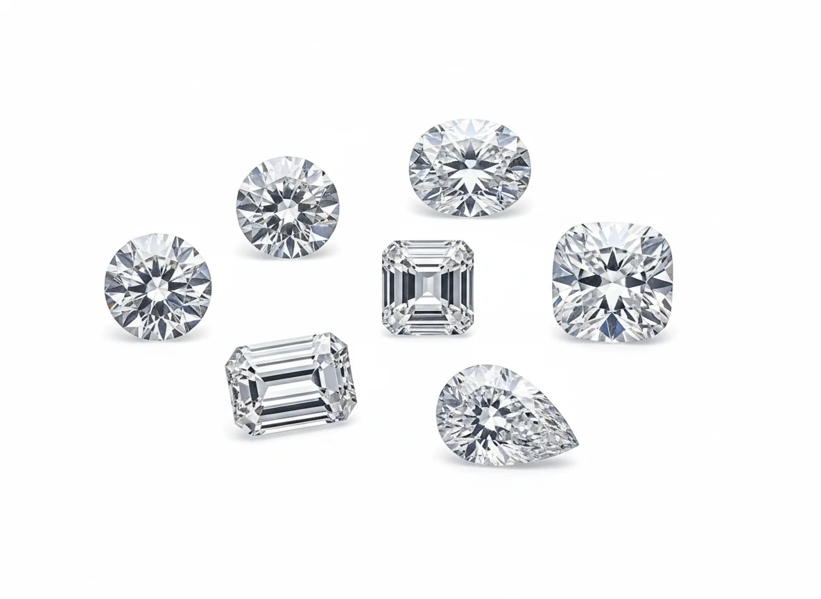 Loose natural diamonds in round, emerald, cushion, and pear cuts on a white background